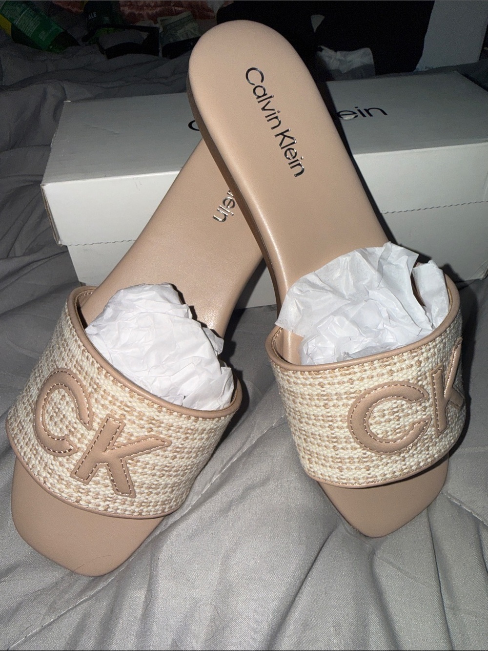 Calvin Klein Beige Woven CK Logo Slide Mules